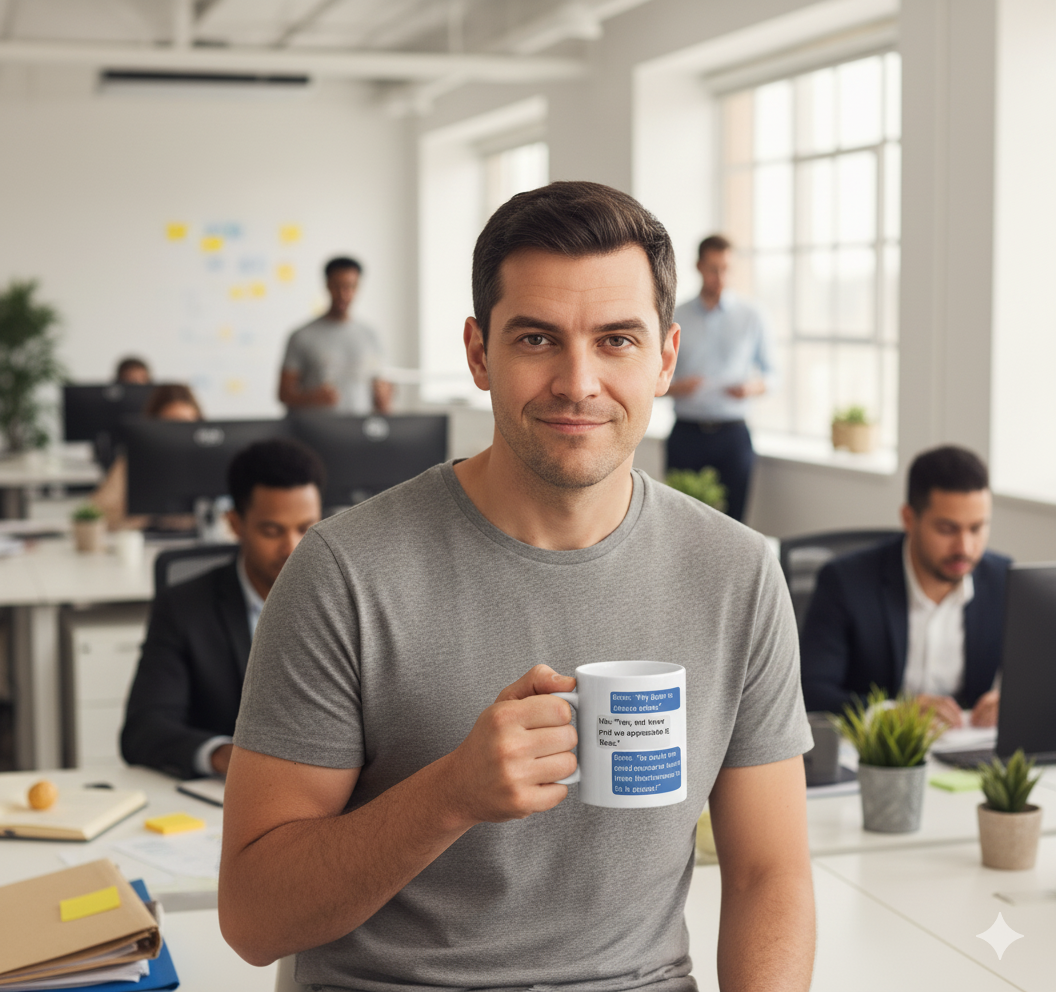 Man holding a mug with text in an office setting