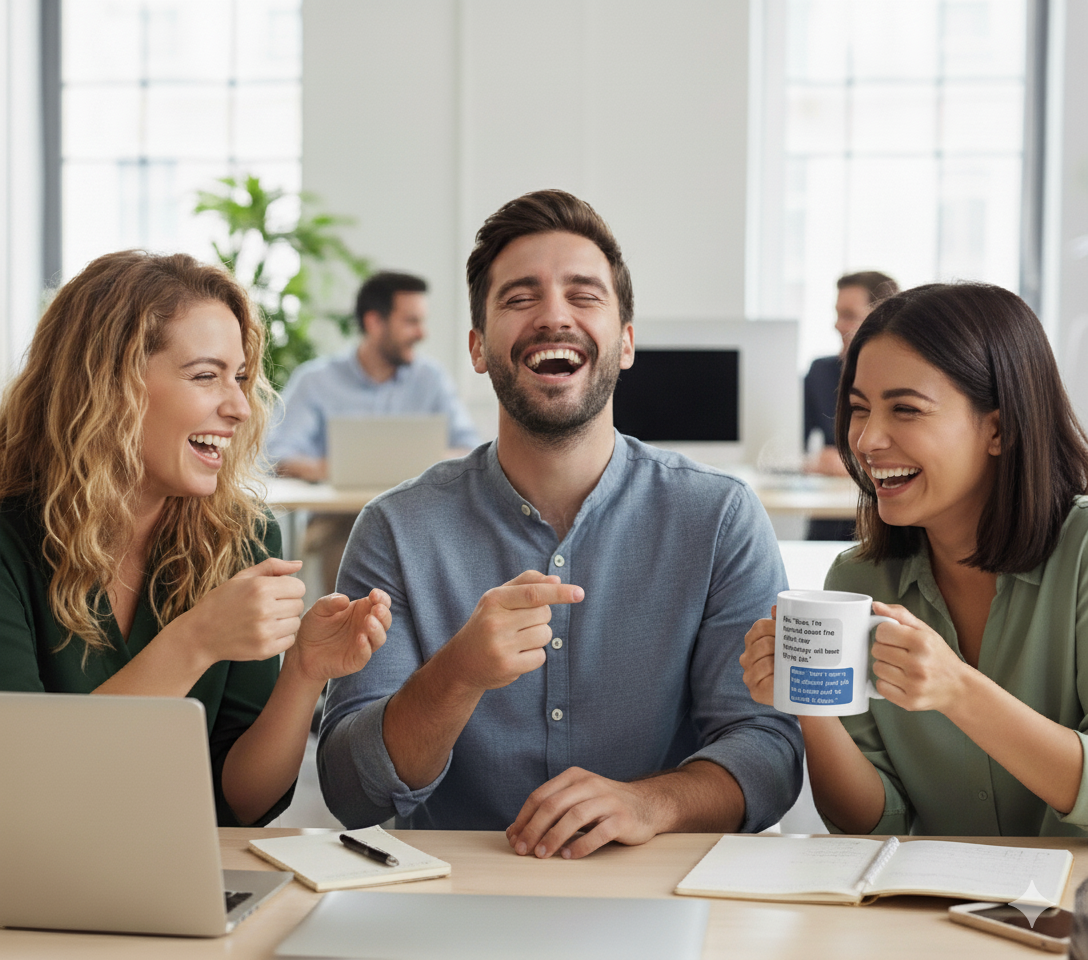 Three people laughing together at a table with a laptop and coffee mug.