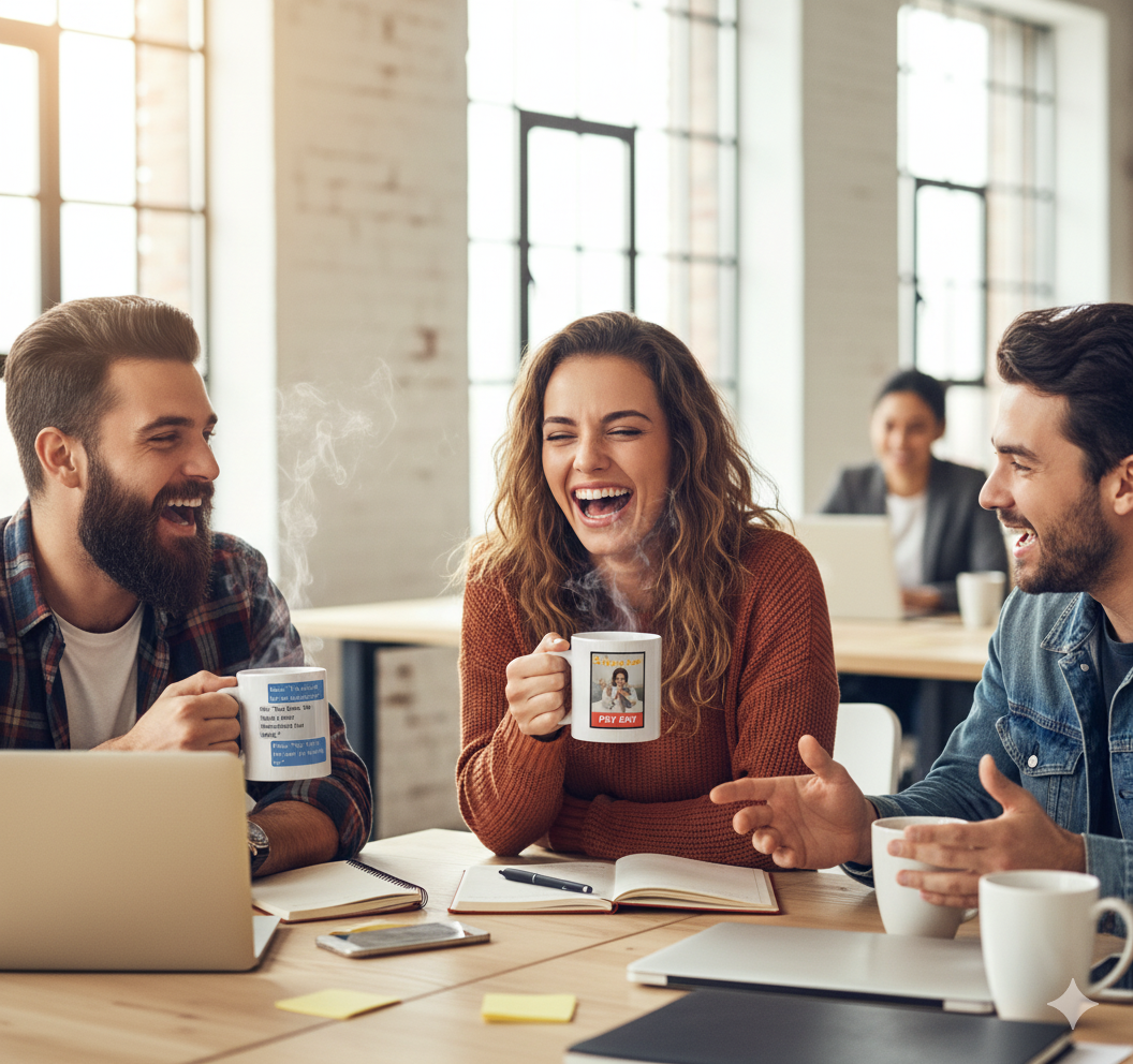 Three people laughing together at a table with coffee mugs and laptops.