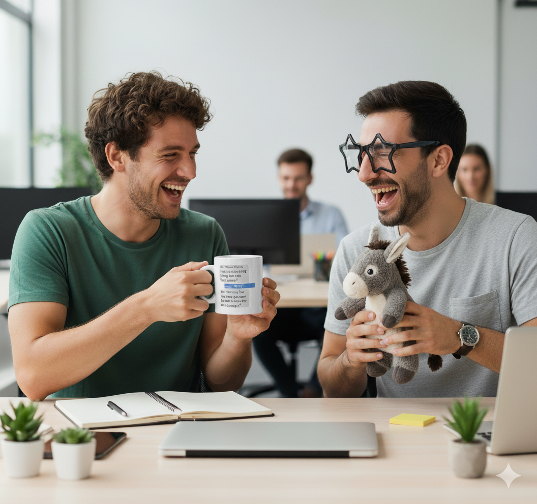 Two men in an office setting, one holding a mug and the other a plush donkey, laughing together.