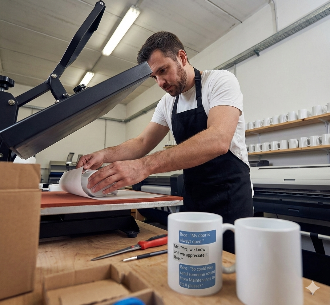 Man working in a printing press with printed mugs on a table.