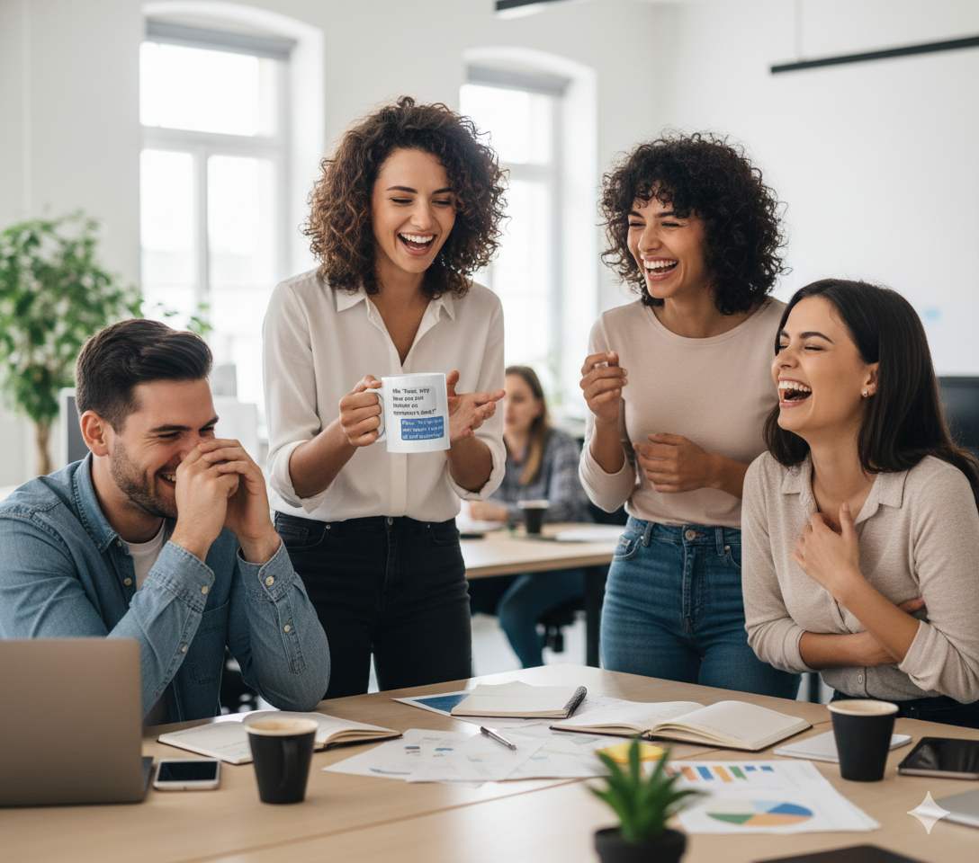 Group of people laughing together in an office setting