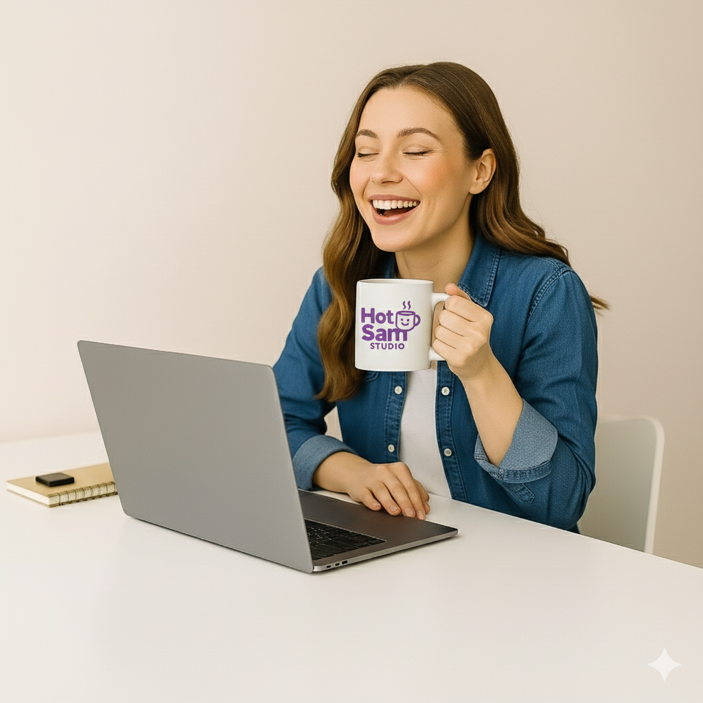 Woman sitting at a desk with a laptop and a mug labeled 'Hot Sam Studio'.