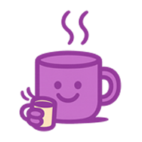 Purple cartoon mug with a smiling face and steam on a white background