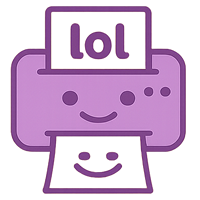 Purple printer icon with a sheet of paper displaying 'lol' and a smiley face on a white background