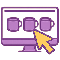 Computer screen with three purple mugs and a yellow arrow pointing at them