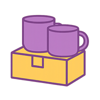 Two purple mugs on a yellow box with a white background