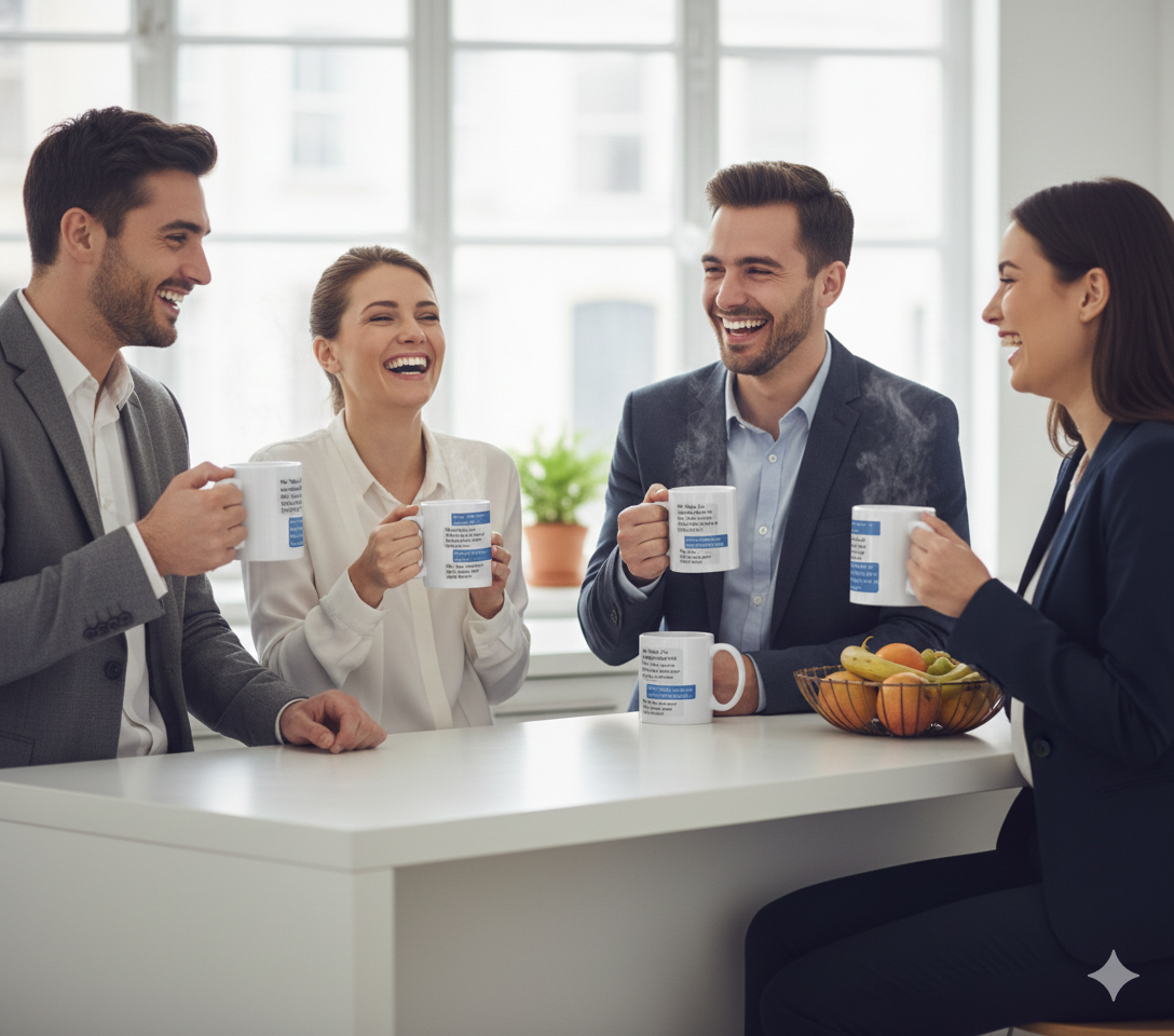 Group of four people in a modern office setting, holding mugs and smiling.