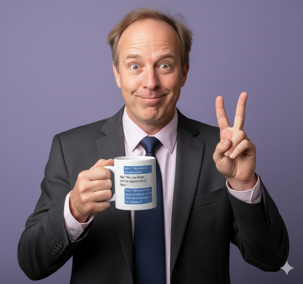 Man in a suit holding a mug and making a peace sign against a purple background