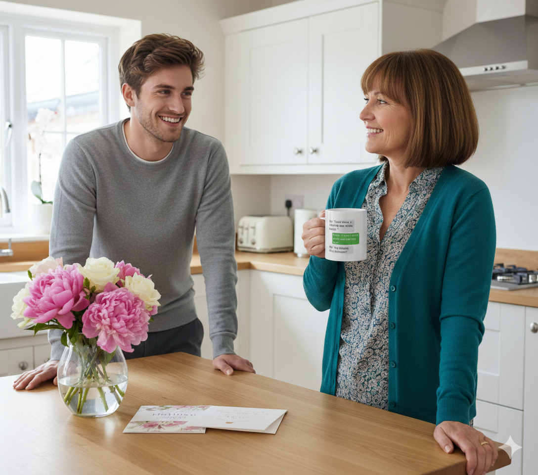 Man and woman in a kitchen with flowers and a mug